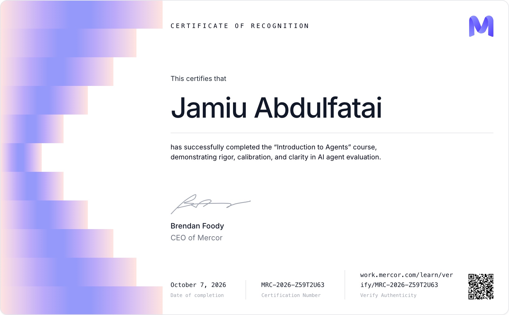 Mercor Introduction to Agents certificate awarded to Jamiu Abdulfatai