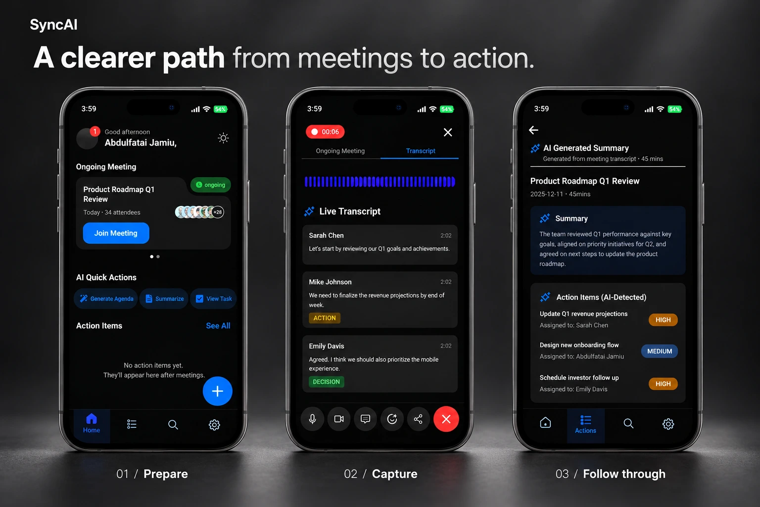 SyncAI concept screens showing the meeting dashboard, speaker-labelled transcript and summary with proposed tasks
