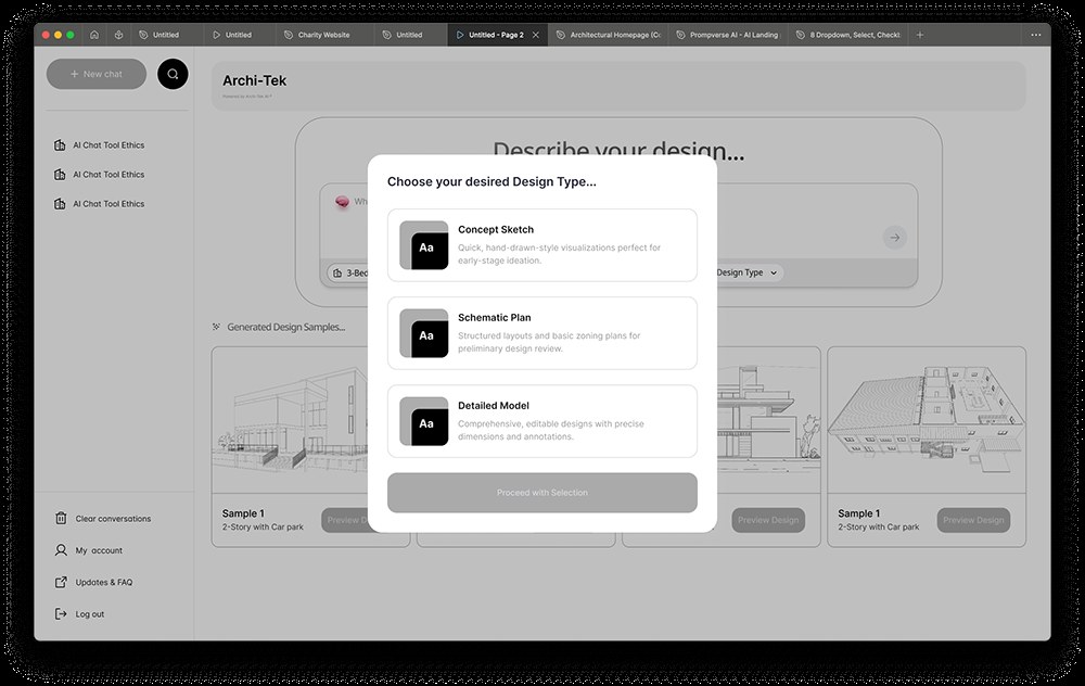 Design type modal offering Concept Sketch, Schematic Plan and Detailed Model, each with a plain-language description of what it is for