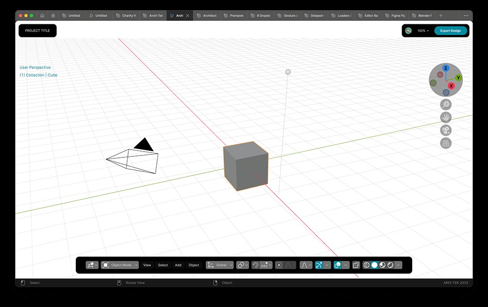The Archi-Tek 3D editor: a viewport with orientation gizmo, object-mode toolbar and an Export Design action