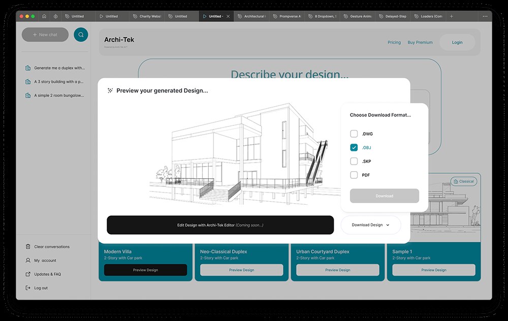 Preview modal showing a generated design with download format options — DWG, OBJ, SKP and PDF — and an entry point into the Archi-Tek editor