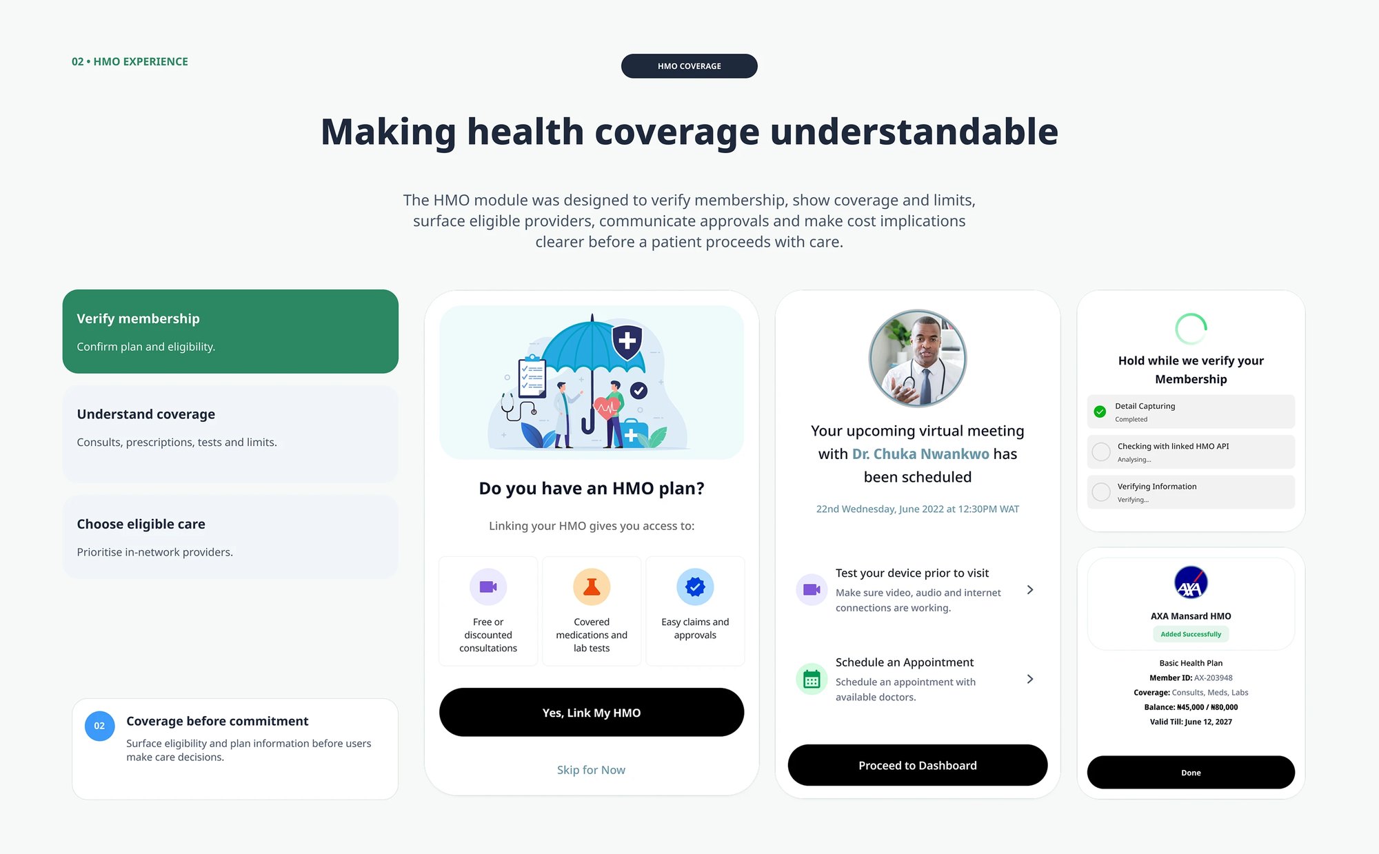 The HMO module: membership verification with its own loading state, what the plan covers and its limits, eligible providers, and the plan card showing balance and validity — with Skip for Now kept available so an uninsured patient is never blocked
