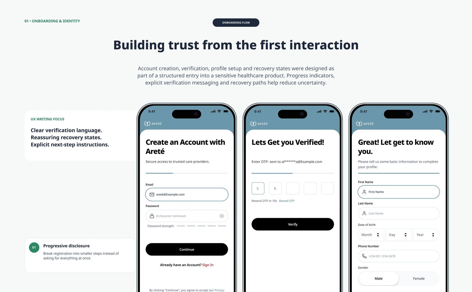 Onboarding as a structured entry into a sensitive product — account creation, OTP verification and profile setup broken into steps with progress shown, explicit verification language and recovery paths, rather than one long form