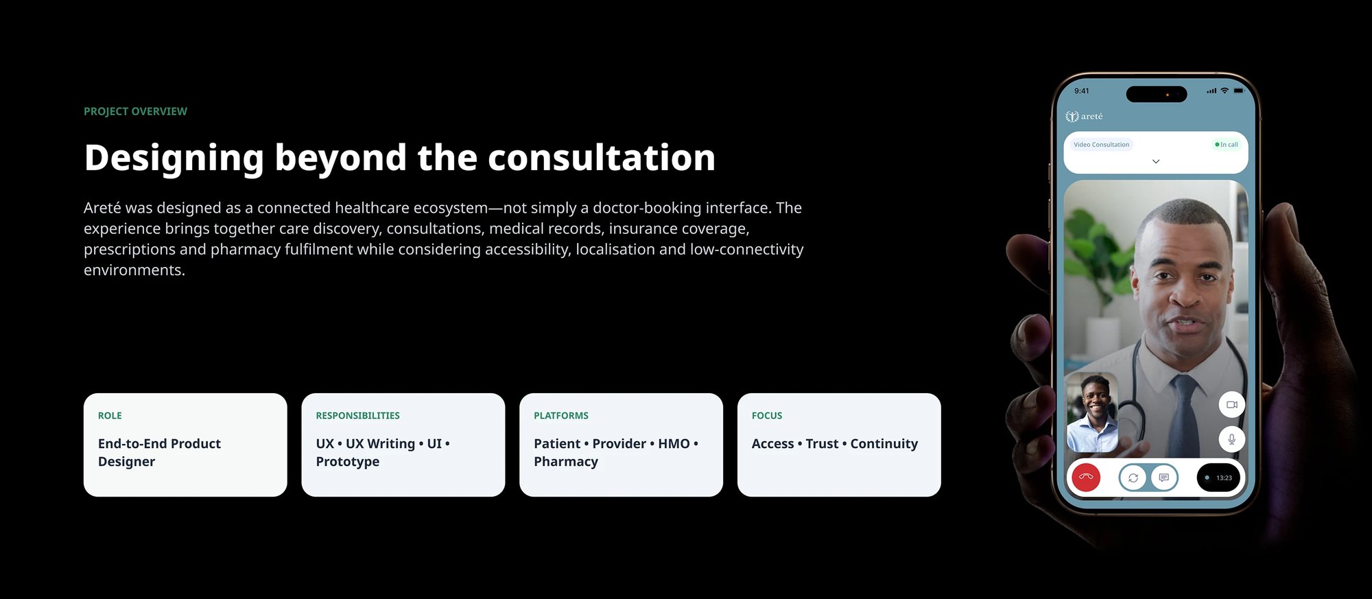 The project framing: an end-to-end product design role across the patient, provider, HMO and pharmacy surfaces, focused on access, trust and continuity