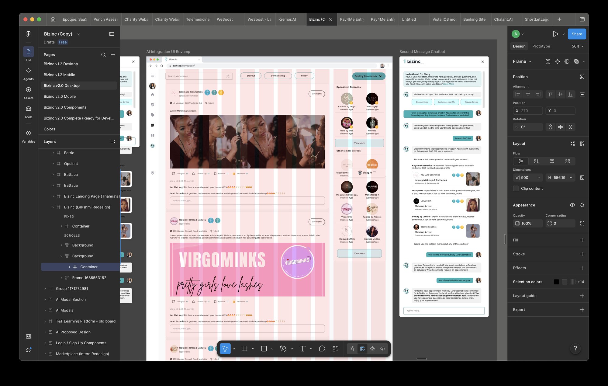 The working Figma file: v1.2 and v2.0 desktop and mobile pages, a components page and a development-ready page, with the AI integration revamp and the Bizzy assistant conversation open on the canvas