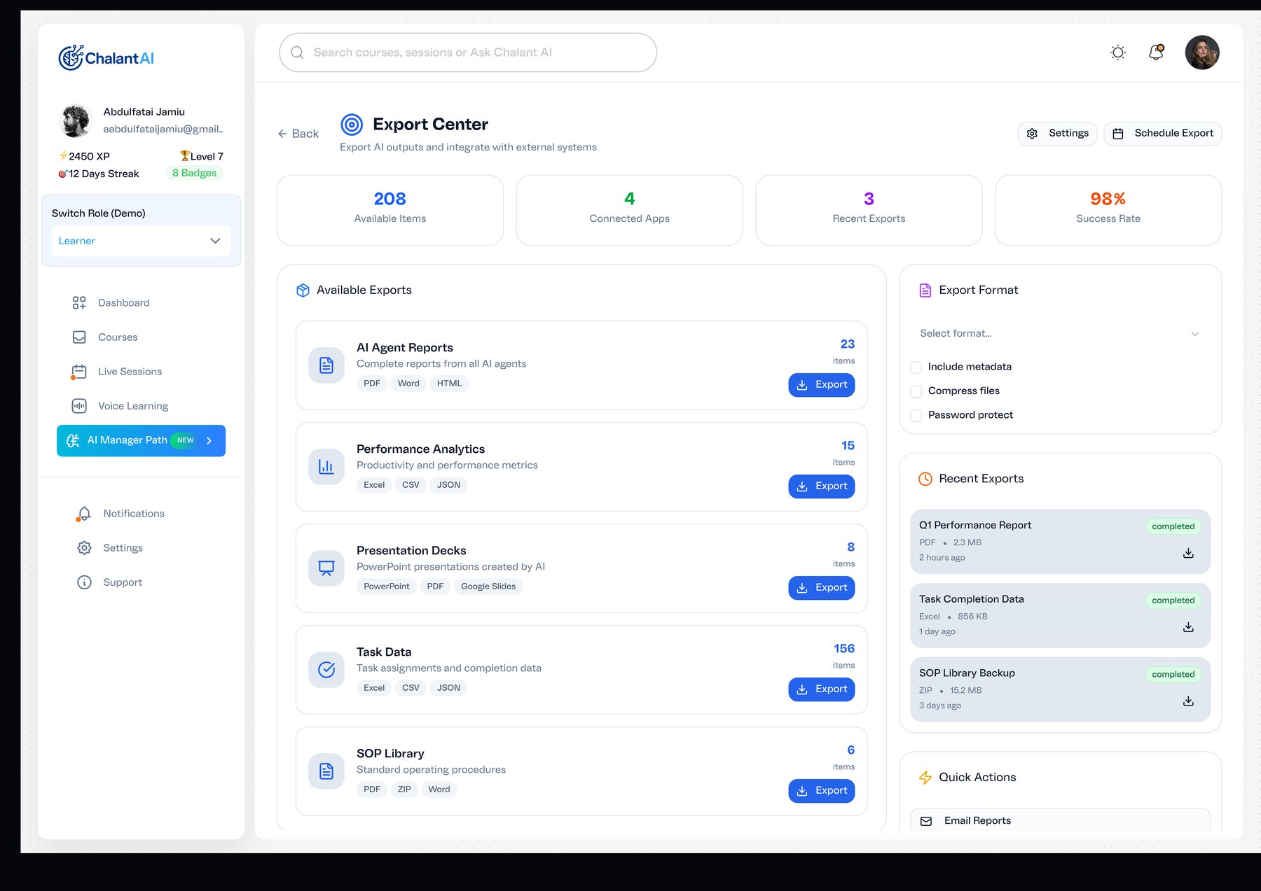The Export Center turns practice into artefacts — agent reports, analytics, decks and task data leaving in PDF, Excel, PowerPoint and JSON