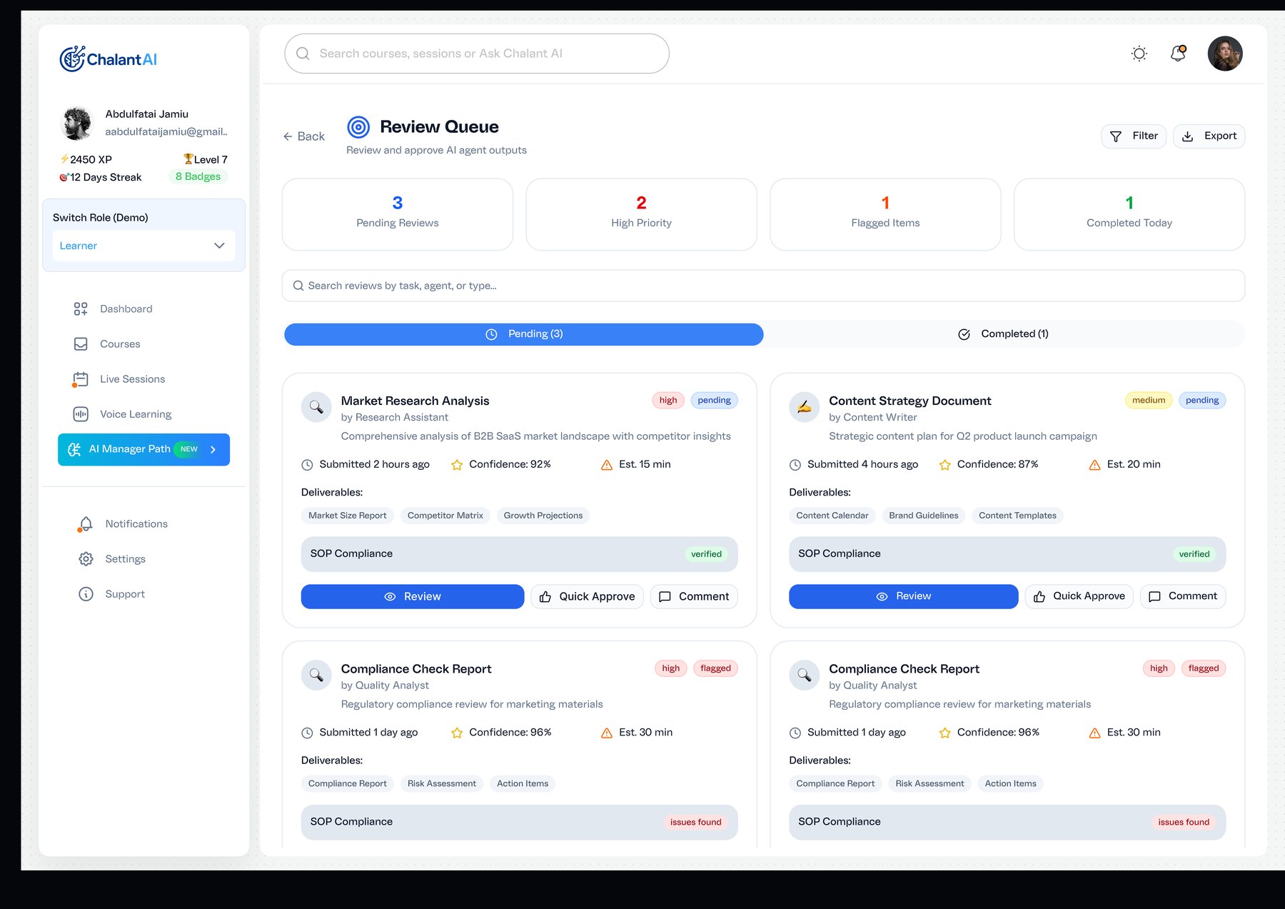 The Review Queue states each output's confidence score, an estimated review time and whether it passed SOP compliance — Quick Approve sits beside a full Review rather than replacing it