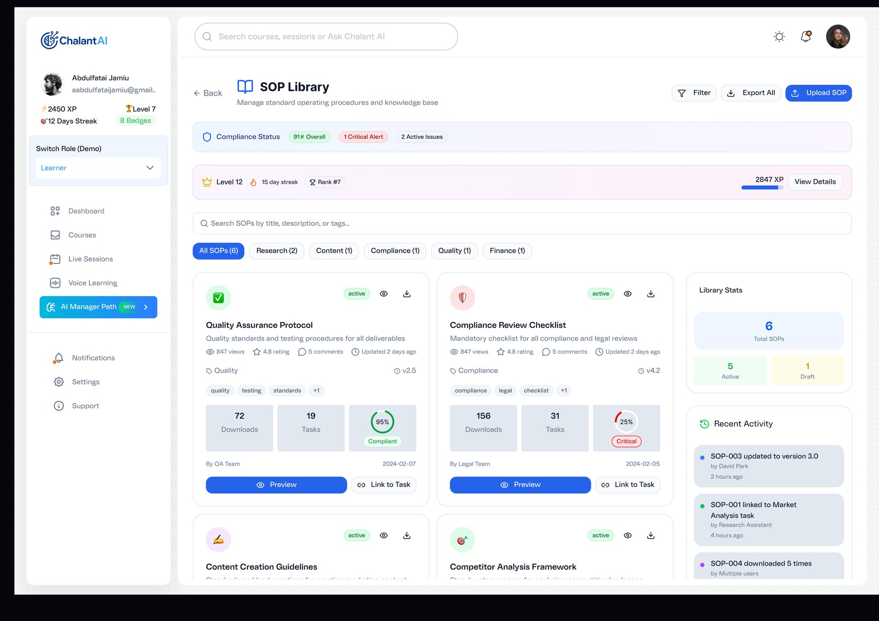 The SOP Library: versioned standard operating procedures with compliance rings, a critical alert surfaced at the top, and each SOP linkable directly to a task