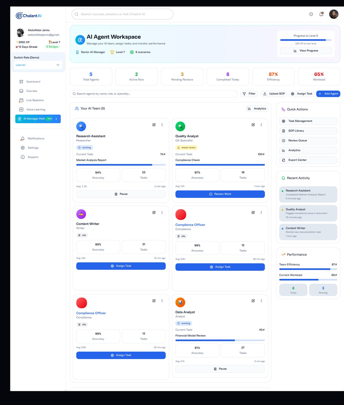The AI Agent Workspace: five agents with role, live status, current task and progress, alongside accuracy and volume figures — the learner reads their team the way a manager reads a standup