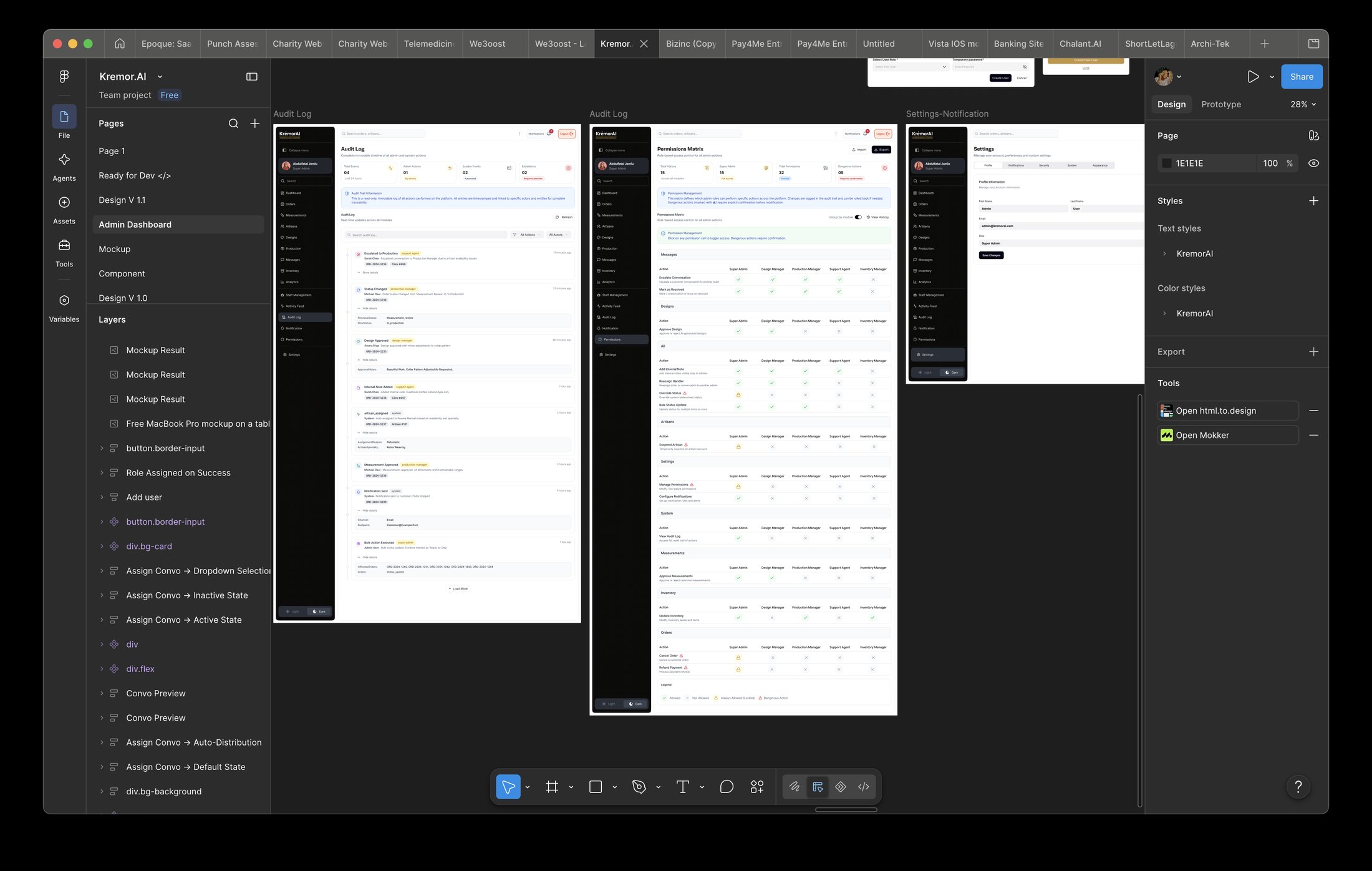 The accountability layer: an immutable audit log where every action is attributed to the role that took it, and a permissions matrix across Super Admin, Design Manager, Production Manager, Support Agent and Inventory Manager — with dangerous actions marked and locked permissions shown as locked