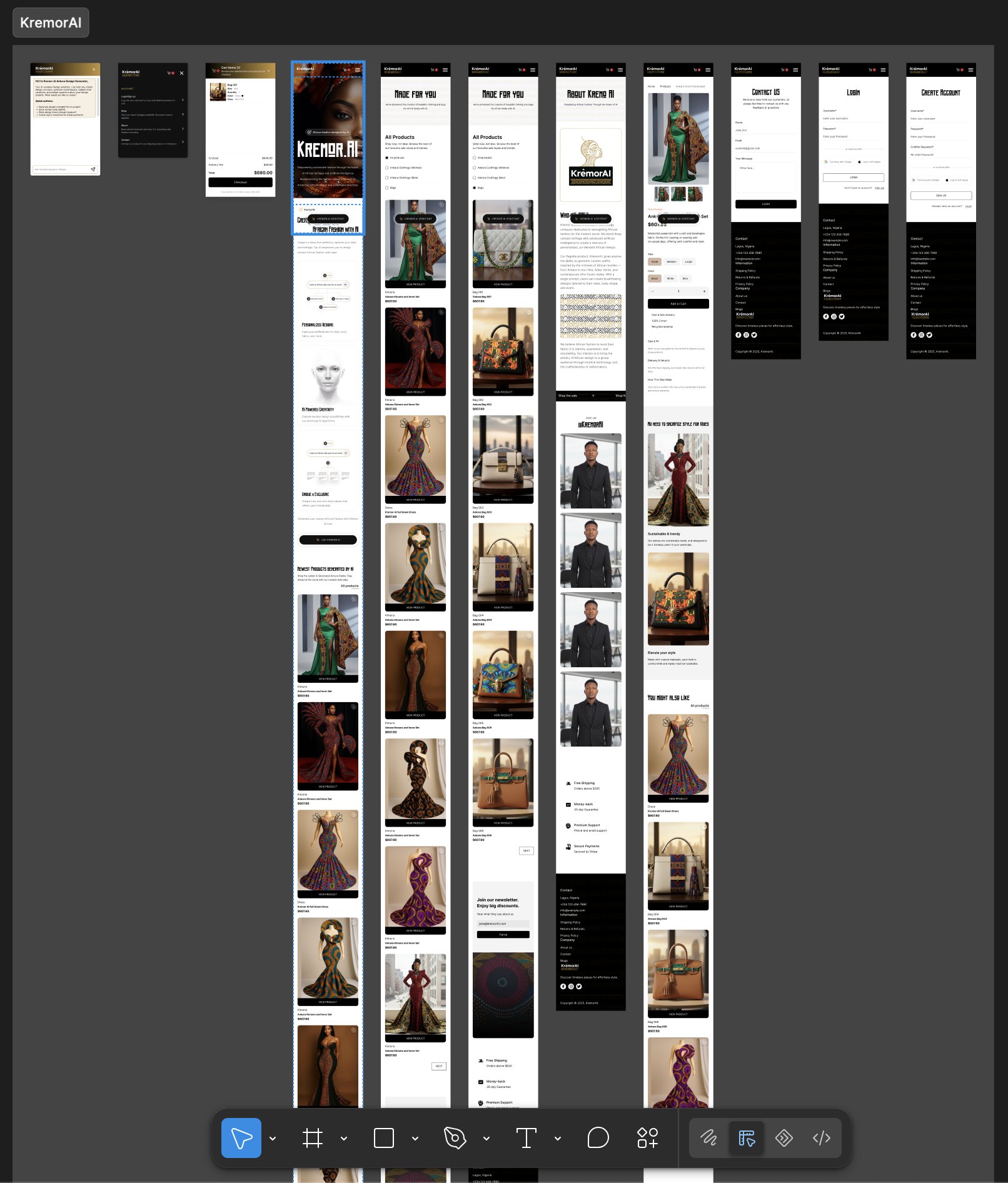 The mobile system end to end — the design assistant with its quick actions, the generative home page, shop filtered by Ankara womenswear, menswear and bags, the product detail with size, colour, fabric and how the piece was made, About, contact, login and account creation