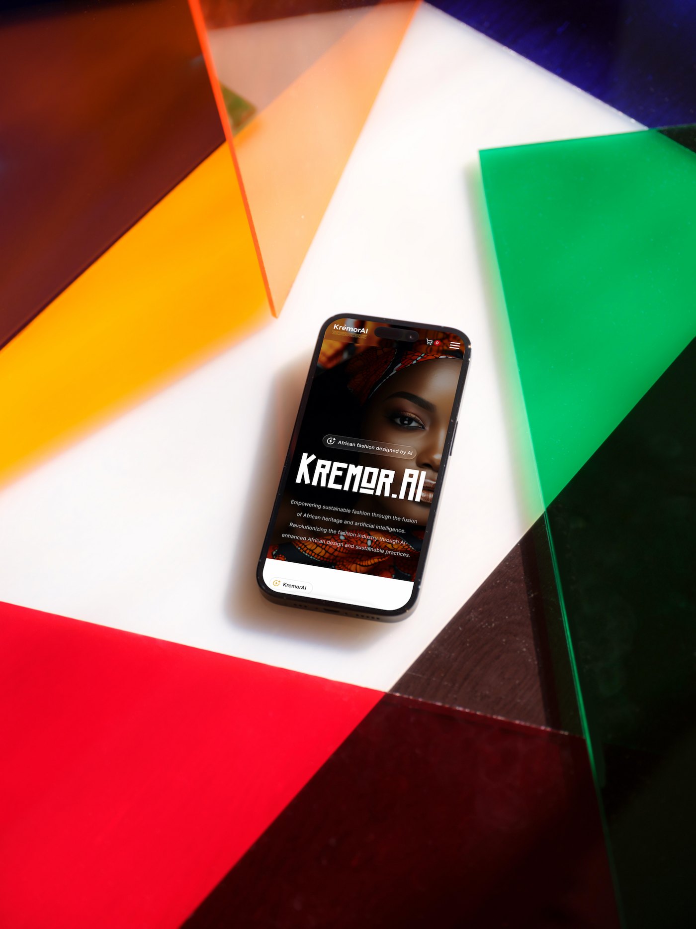 The storefront on a phone — the hero states the proposition in one line: African fashion designed by AI, sustainable, and rooted in heritage rather than borrowing from it
