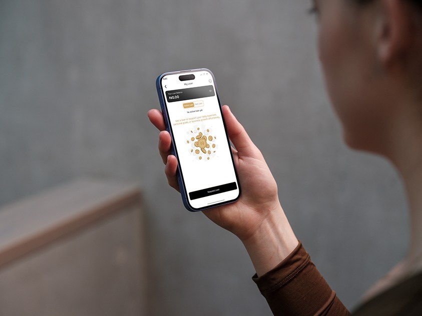 The loan screen with no active loan: rather than an empty balance, it explains what a loan can be used for — daily expenses, personal goals, business growth — above a single Request Loan action