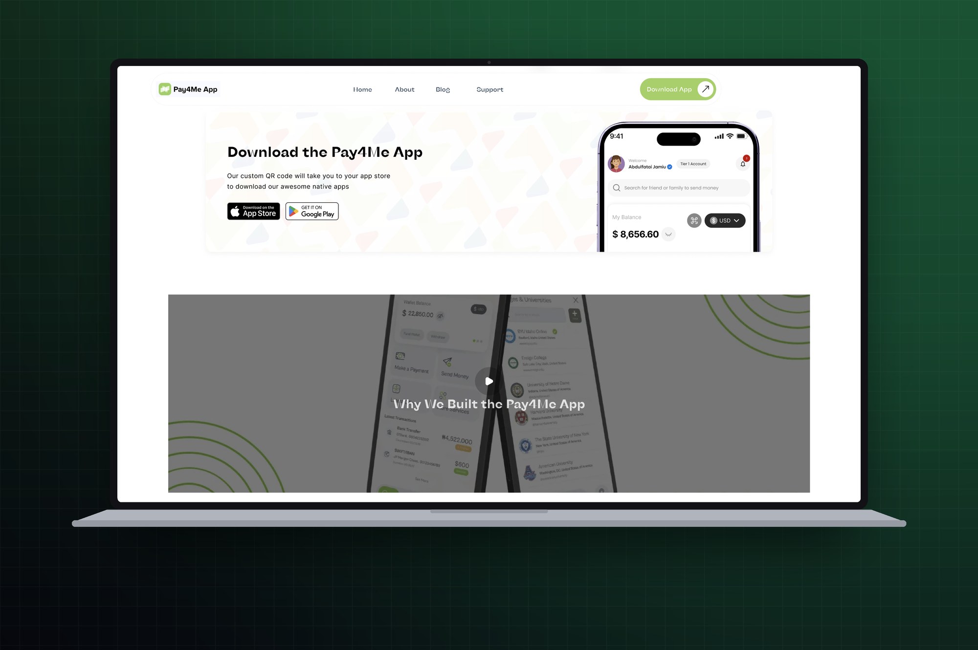 Download section pairing the app-store routes with the in-app home screen, so the product is visible before installation