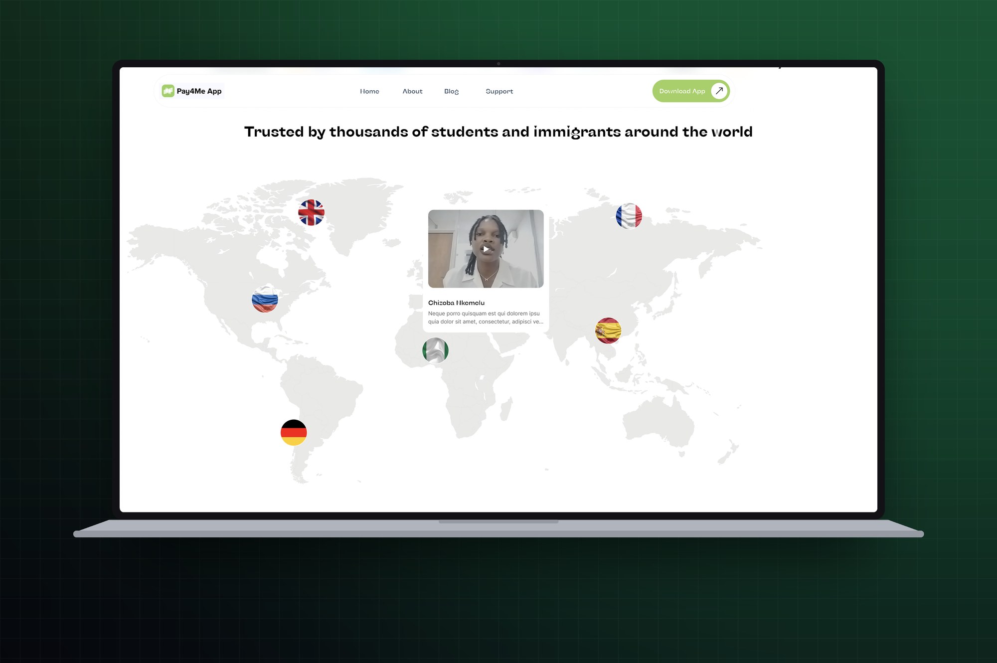 Trust built through evidence — a world map of the countries served, with video testimonials from students rather than written quotes