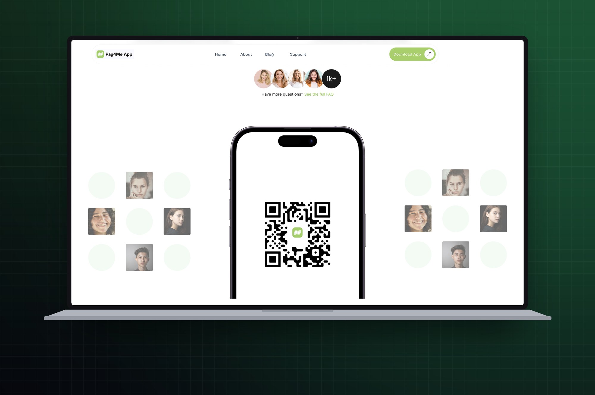 The FAQ handoff: a QR code that carries the visitor from desktop research to the app on their phone, where the payment actually happens