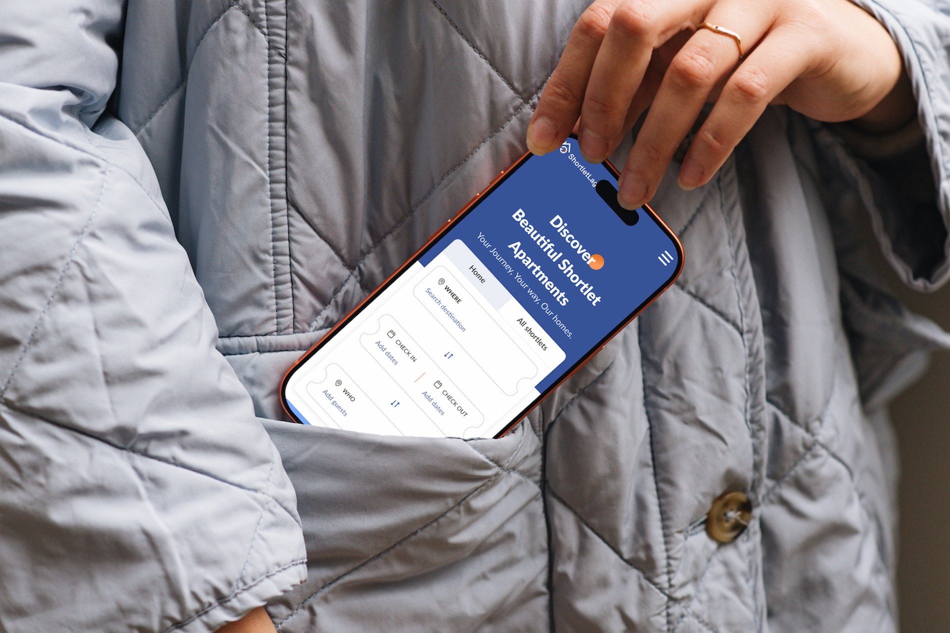 The guest side on mobile: where, check-in, check-out and who, held in a single search card above the listings — the four questions a stay actually turns on