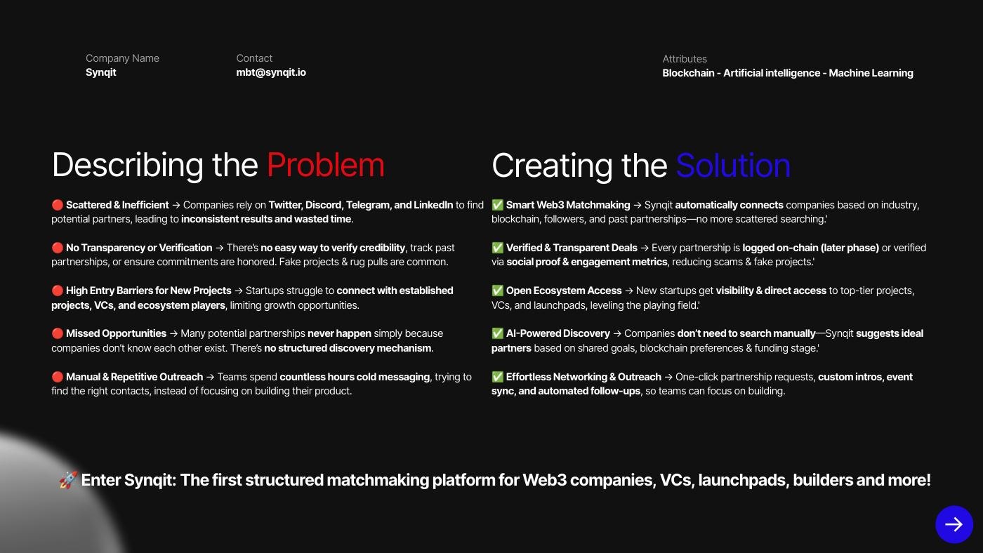 The problem and the solution side by side, as the company framed them: scattered outreach across Twitter, Discord, Telegram and LinkedIn, no verification, high entry barriers and missed partnerships — answered by smart matchmaking, verified requests, open ecosystem access, AI-powered discovery and one-click outreach