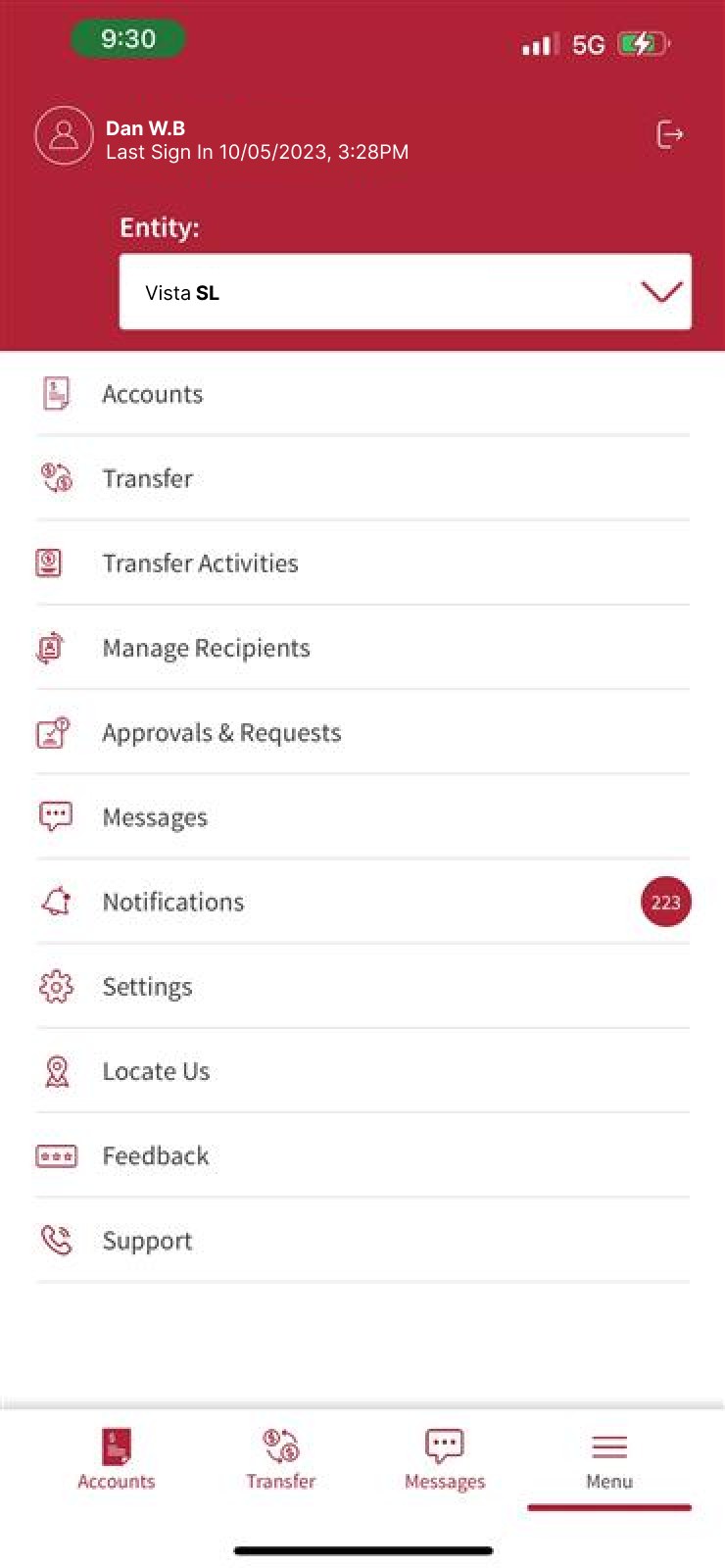 The menu screen, where the entity switcher sits directly under the user's name and last sign-in — one person moving between the legal entities and countries they hold mandates for, above transfer activities, recipient management and approvals