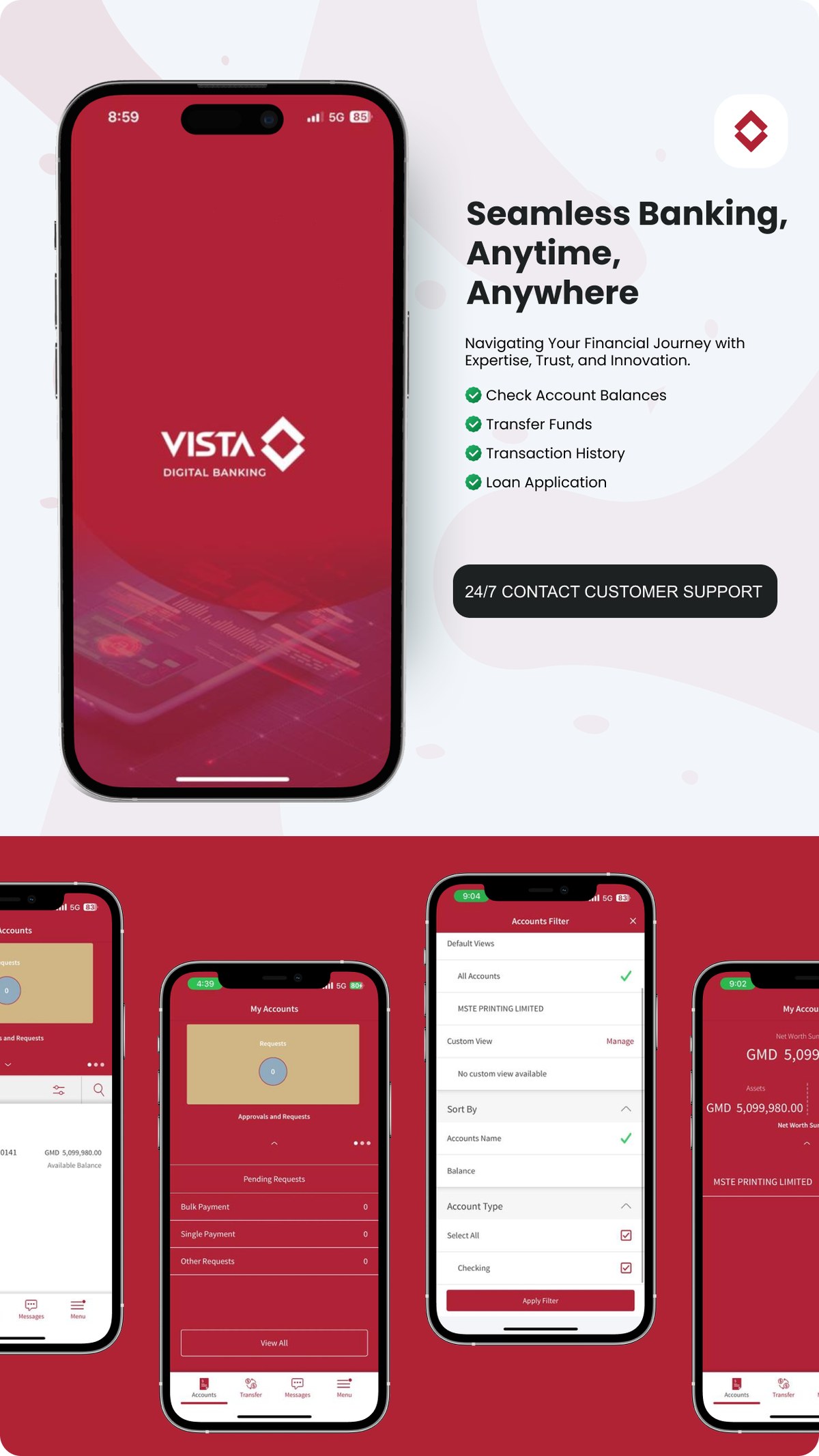 Marketing and product screens together — the campaign framing of the app alongside account filtering, custom views, pending bulk and single payment requests, and net worth summaries